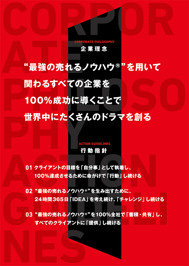 企業理念 “最強の売れるノウハウ”を用いて関わるすべての企業を100％成功に導くことで世界中にたくさんのドラマを創る 行動指針 一、クライアントの目標を「自分事」として執着し、100％達成させるために命がけで「行動」し続ける 二、“最強の売れるノウハウ”を生み出すために、24時間365日「IDEA」を考え続け、「チャレンジ」し続ける 三、“最強の売れるノウハウ”を100％全社で「蓄積・共有」し、すべてのクライアントに「提供」し続ける